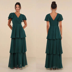 Lulus Sincerely Exquisite Emerald Green Short Sleeve Tiered Maxi Dress Wedding